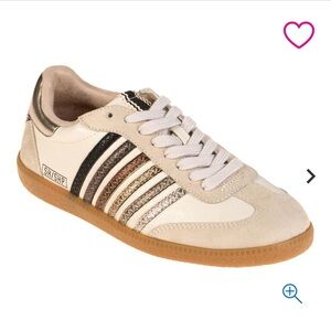 Stylish Beige and Metallic Striped Sneakers from Shu Shop. Size 8. EUC